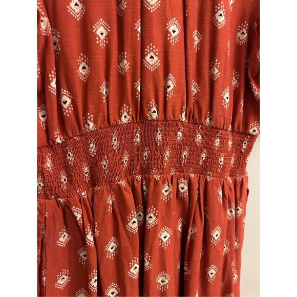 Anthropologie Boho Rust Red Smocked Waist Midi Dress sz S Petite – Geometric Blo - Picture 12 of 15